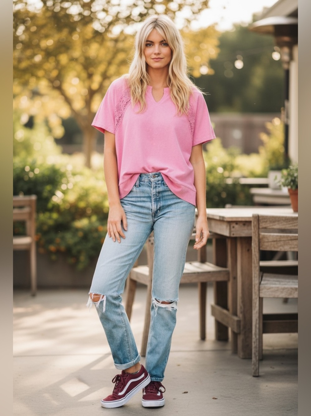 1234. Pink mineral wash lace patchwork short-sleeve t shirt